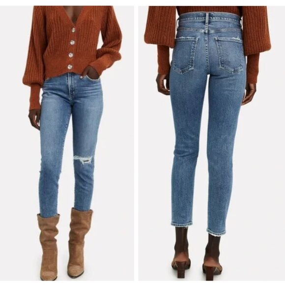 Agolde Jeans Size 27 Nico Ankle Crop High Rise Button Fly Distressed Blue Denim - Picture 2 of 10